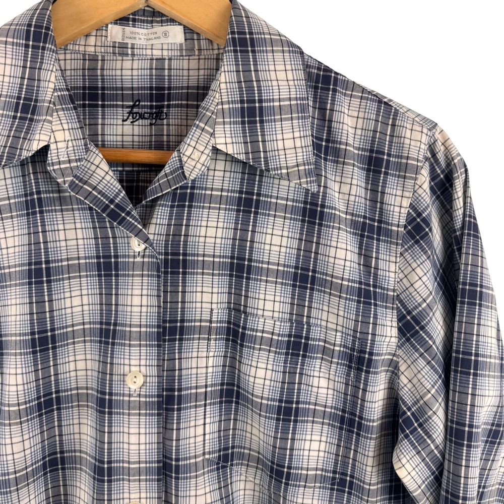 Foxcroft Button Down Shirt Women 8 Blue White Plaid Long Sleeve Cotton Pocket